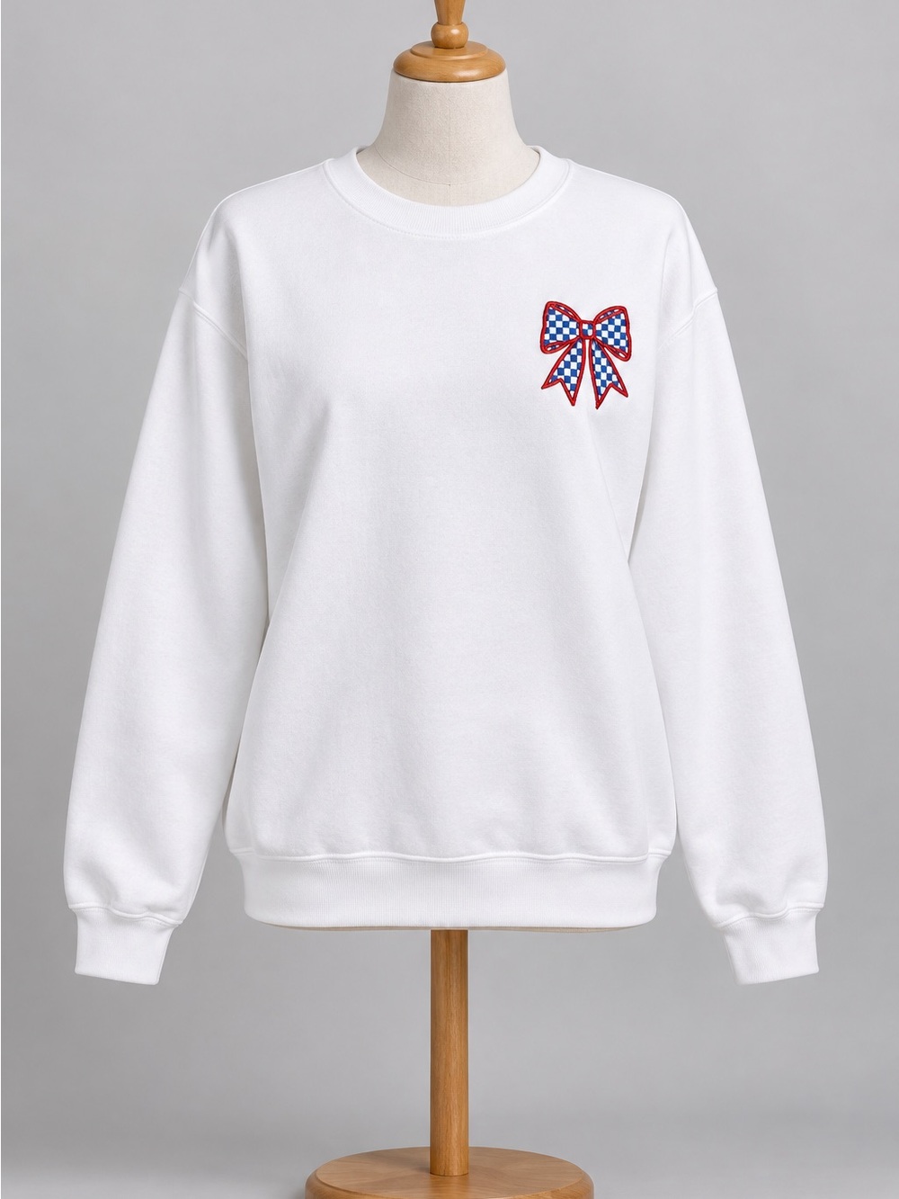 Women’s White Sweatshirt with Red & Blue Check Embroidered Bow
